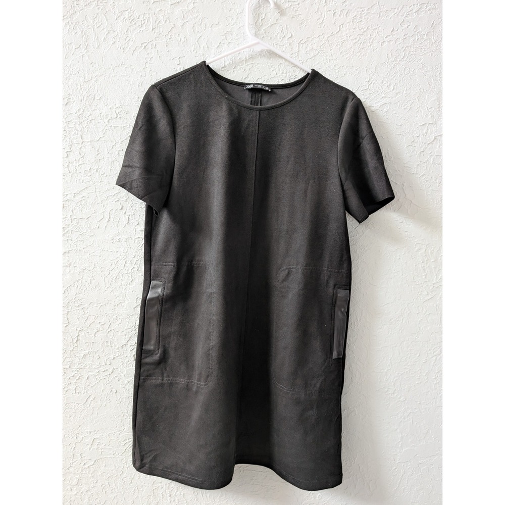 Zara Shift Dress Women S Polyester Black Faux Suede Leather Trim Pockets